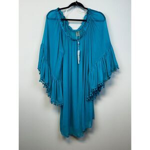 NWT BLEU ROD BEATTIE Blu Lagoon Pom Pom Fringe Beach Coverup, Sz L